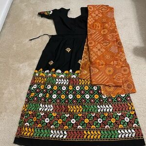 Black and Yellow Embroidered Chaniya Choli with Scarf